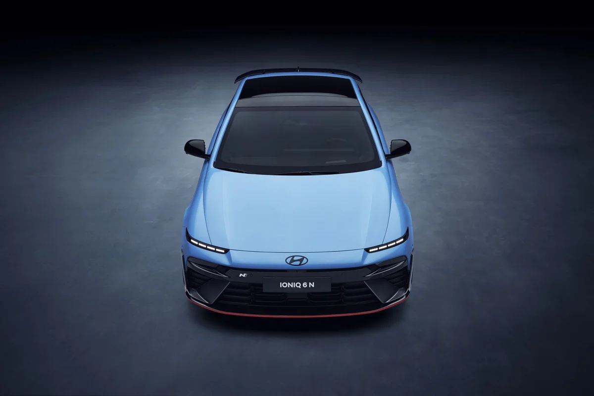 Front view of the Hyundai Ioniq 6 N electric vehicle with sophisticated design and lighting.