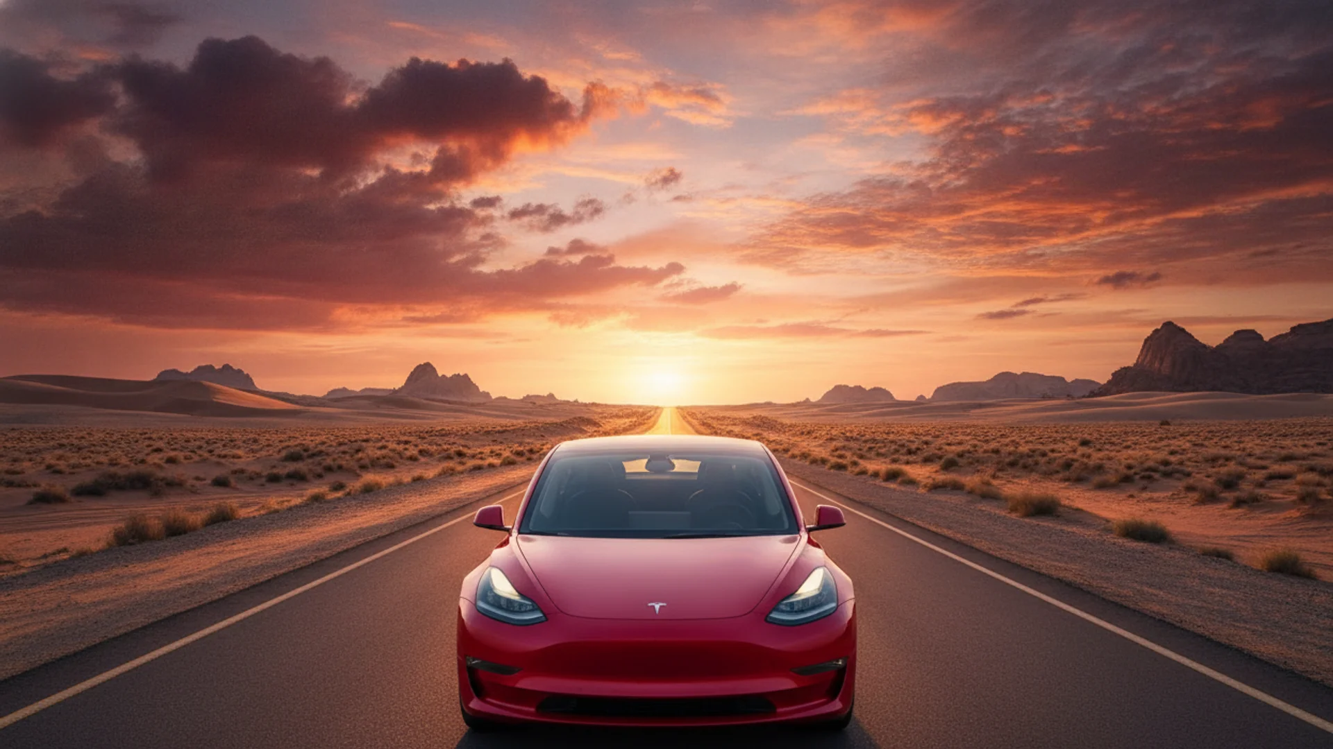 A red Tesla Model 3 is parked on a desert road at sunset, with the sun low on the horizon.