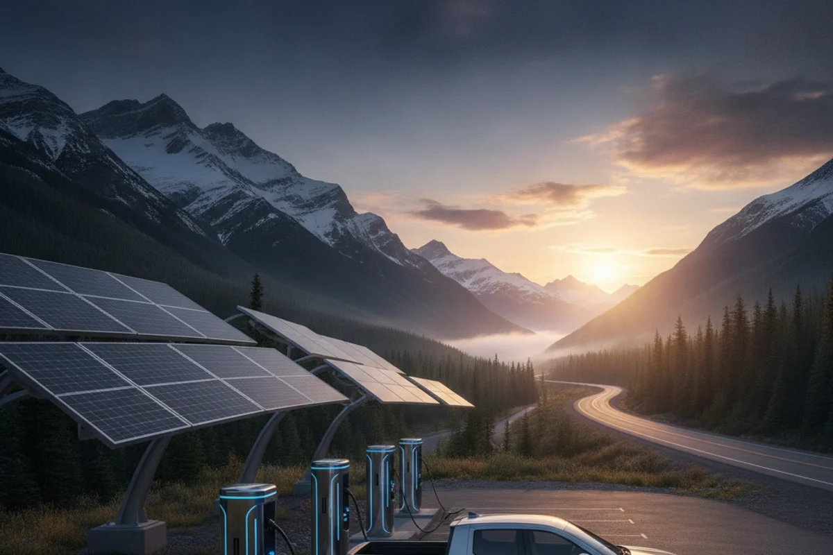 Solar panels and EV chargers stand beside a winding road, with snow-capped mountains and a sunrise in the background.