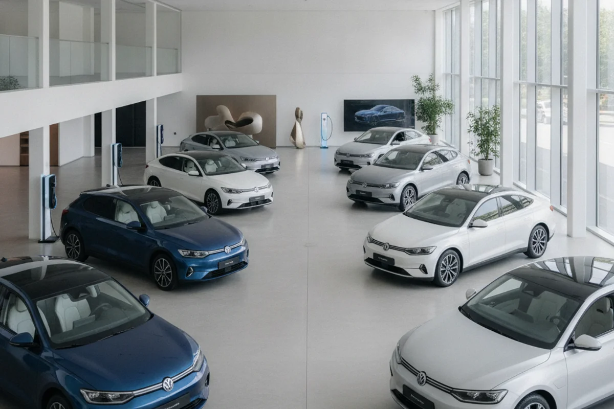 Multiple Volkswagen cars are parked in a bright, modern showroom with large windows and charging stations.