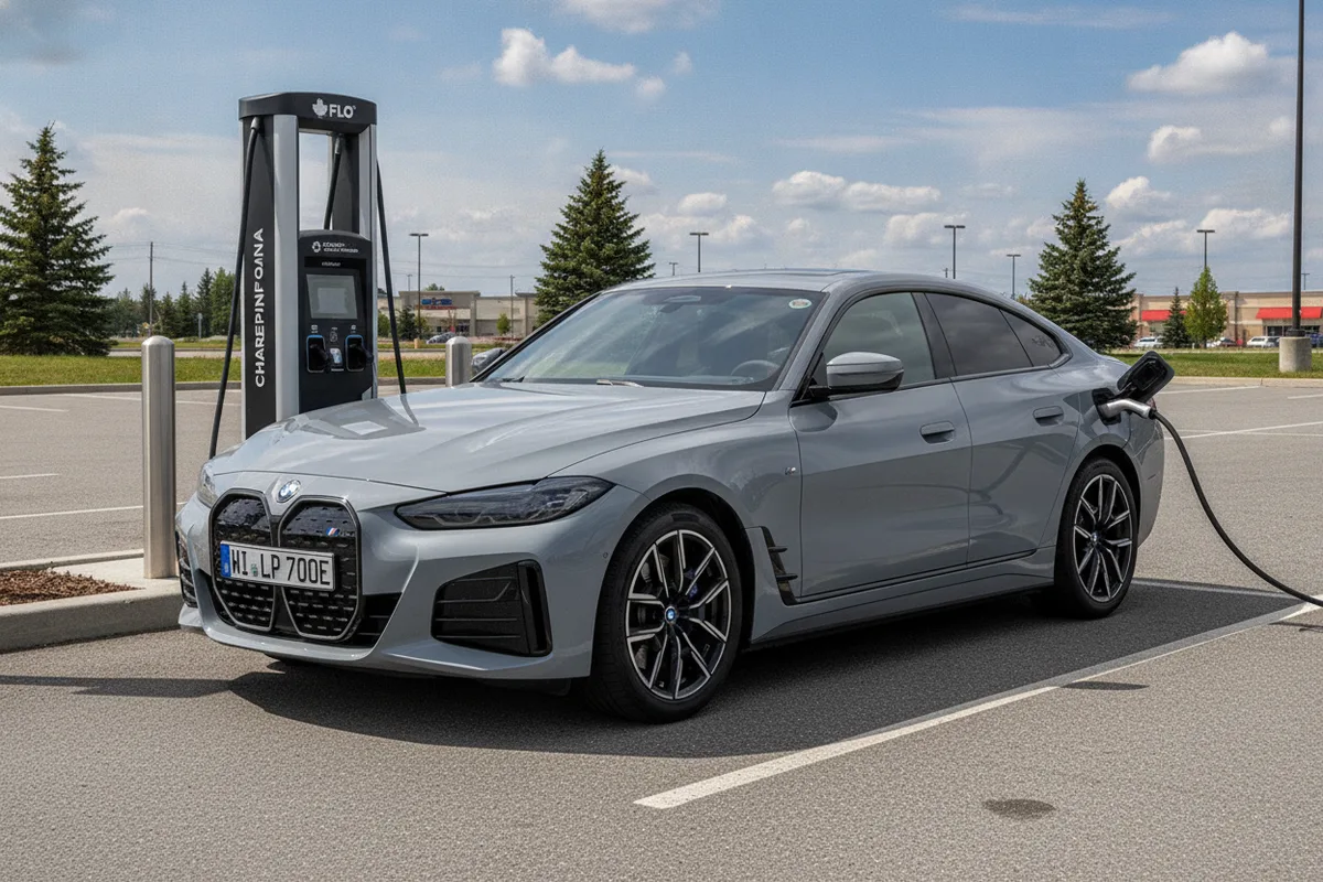 A BMW i4 plugged into a public DC fast-charging station in Canada