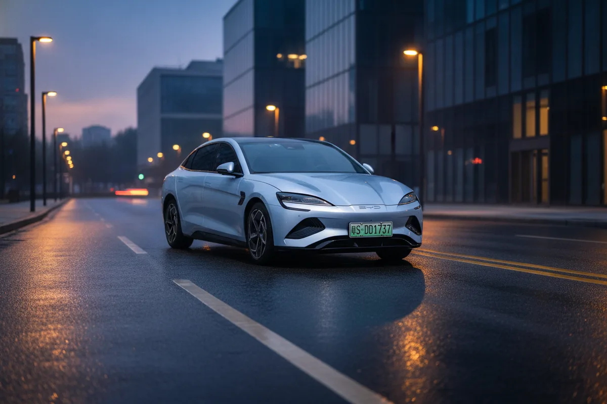 A BYD electric performance sedan on a city street at dusk
