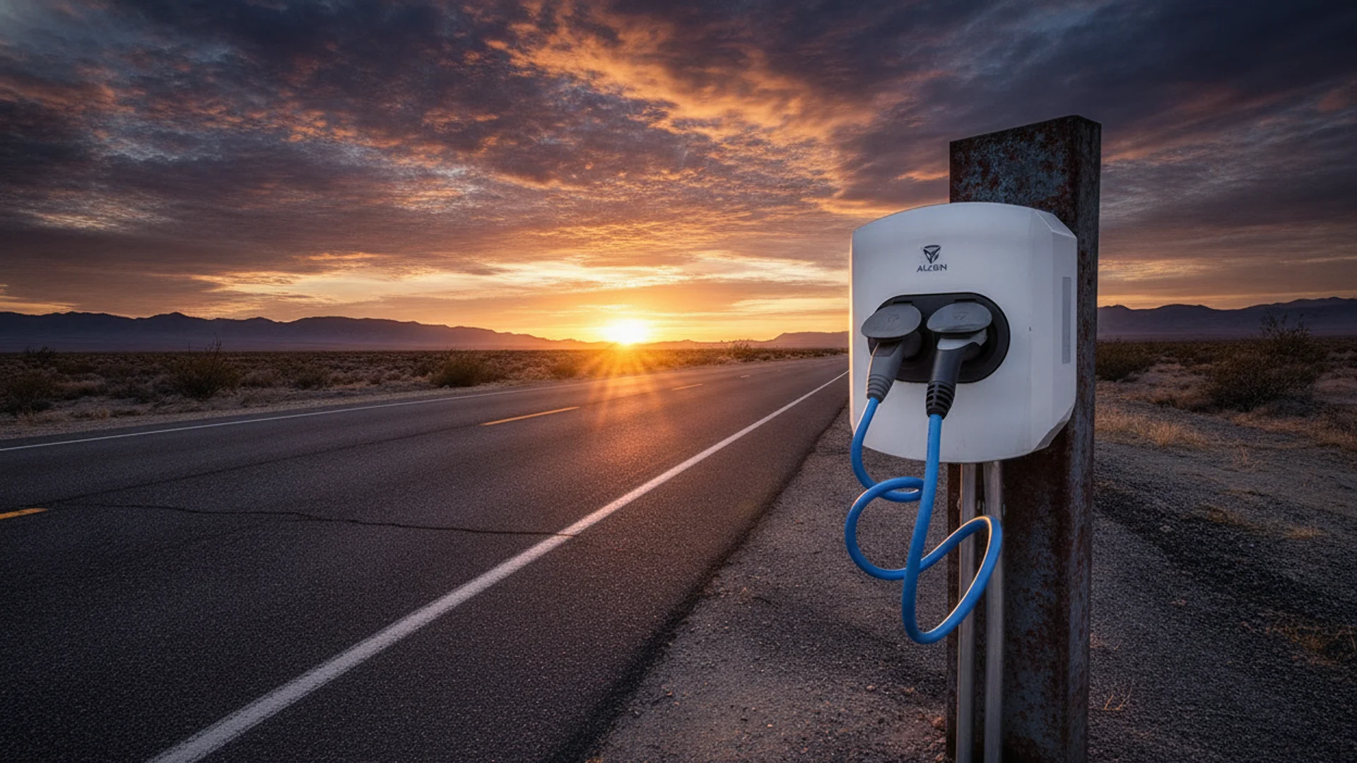 A white EV charging station with two blue cables is mounted on a pole beside a desert road at sunset.