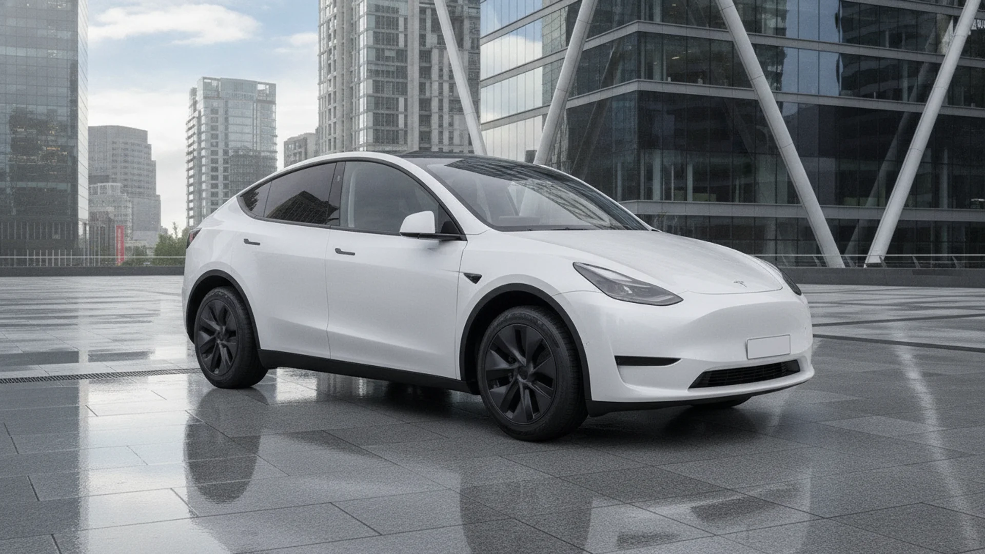 A white Tesla Model Y with black wheels is parked on a wet, tiled surface in front of modern buildings.