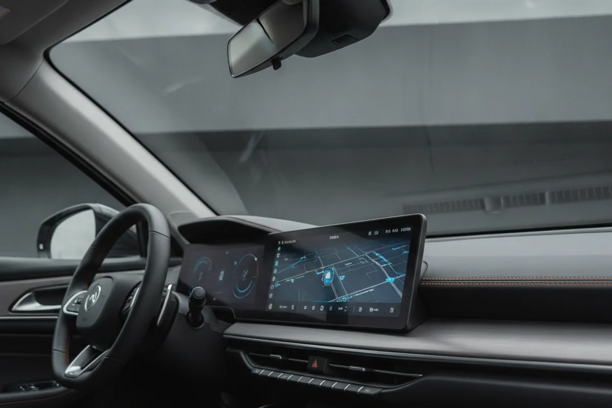 The interior of a car shows a black steering wheel and a large central screen displaying a blue map.