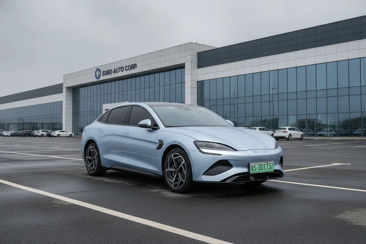 A BYD electric car outside a European auto factory