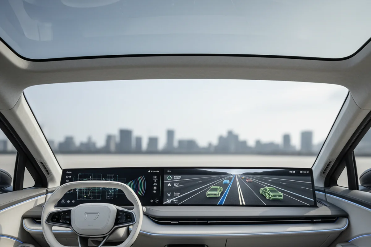 Electric vehicle cockpit showing an autonomous-driving sensor display
