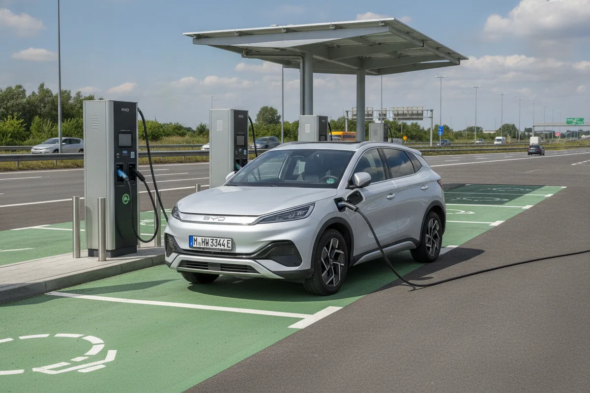 A BYD Atto 3 at a highway fast-charging station