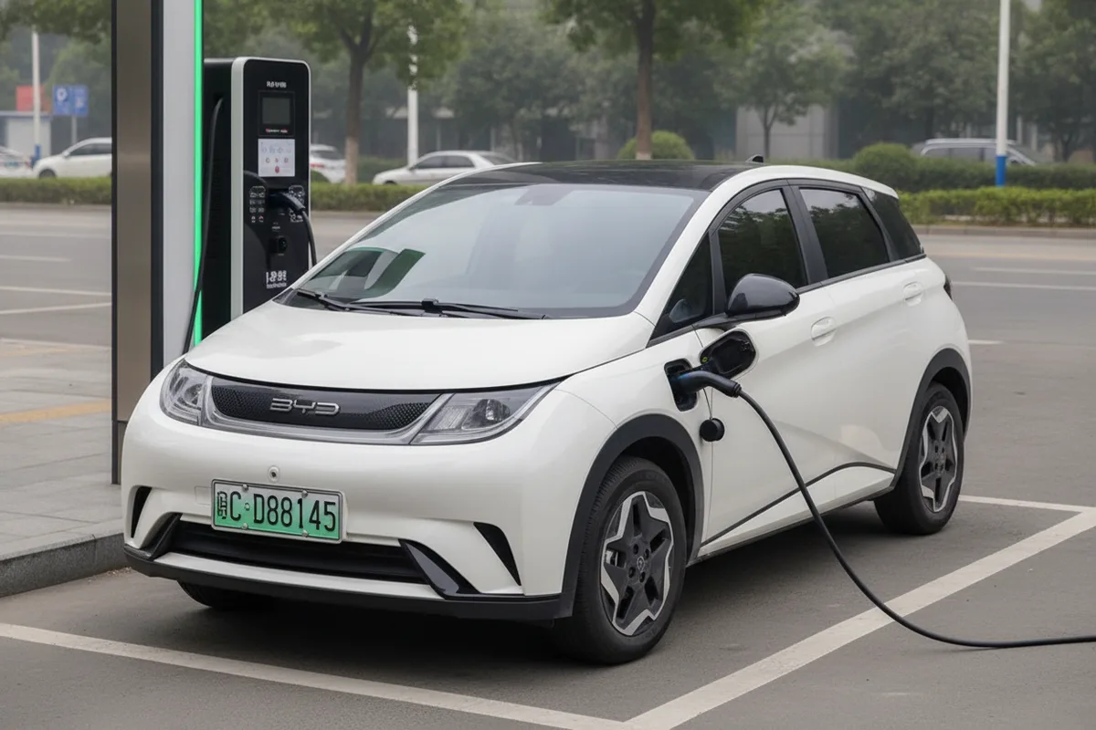 A BYD Dolphin plugged in and charging