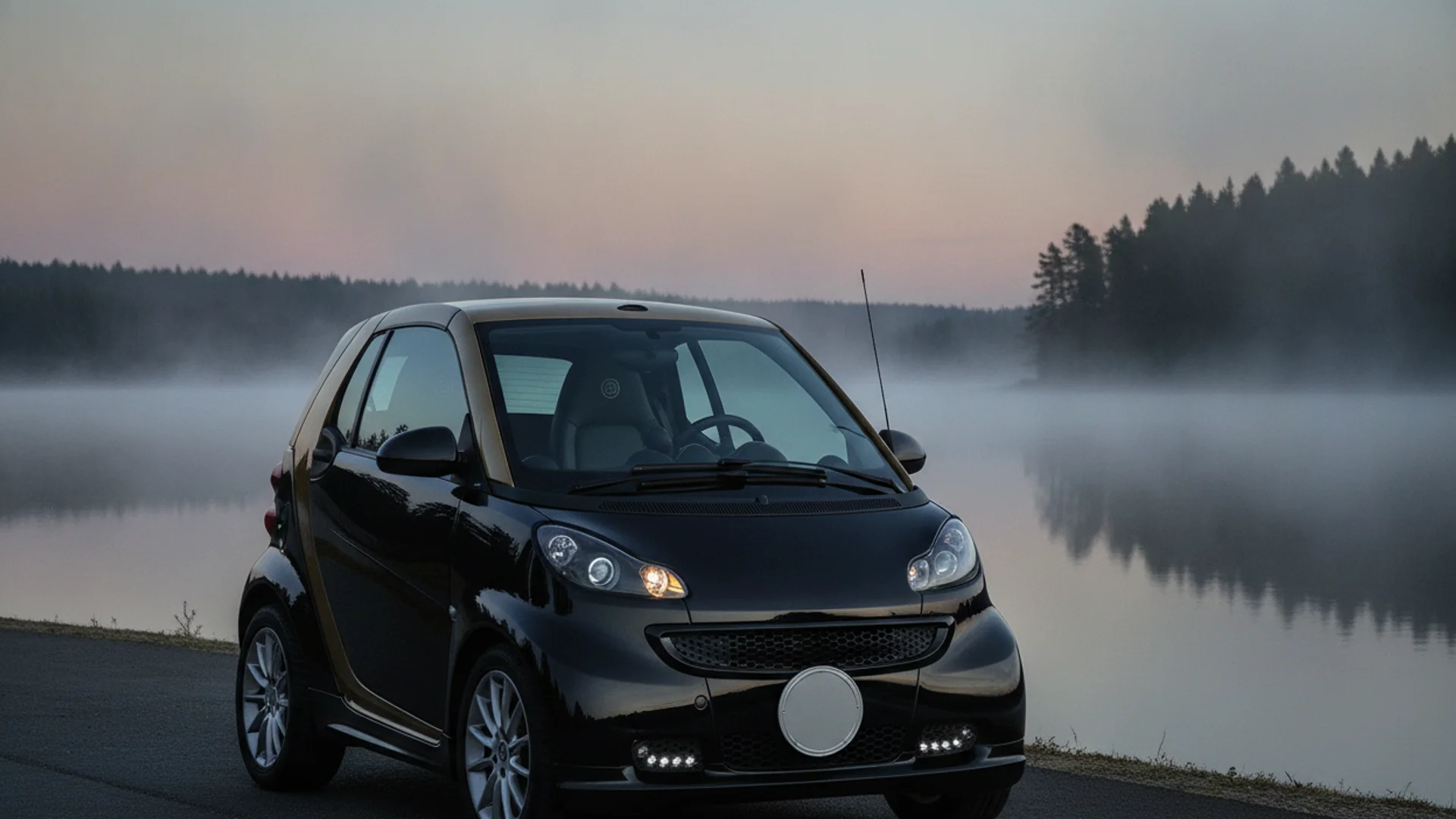 A black Smart car with a gold roof is parked on a road next to a misty lake and forest at dusk.