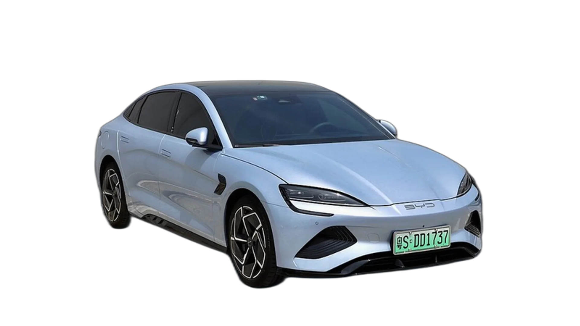 A light blue sedan with a black roof and a green license plate is angled slightly right.