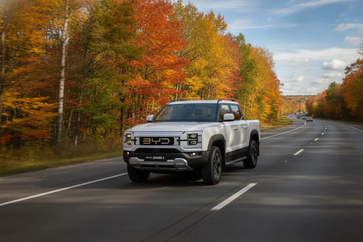 A BYD Shark 6 pickup on a Canadian highway