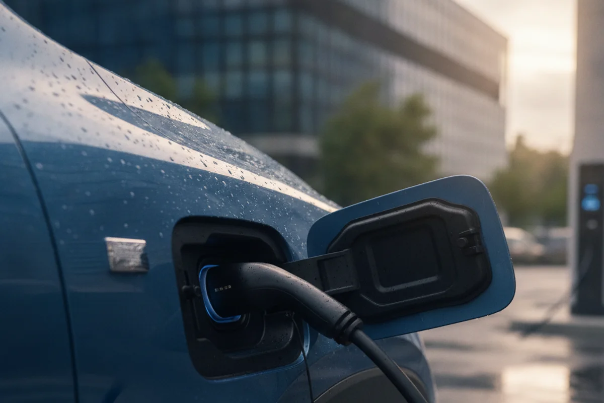 A blue car with water droplets on its surface is charging, with a black charger plugged into its side.