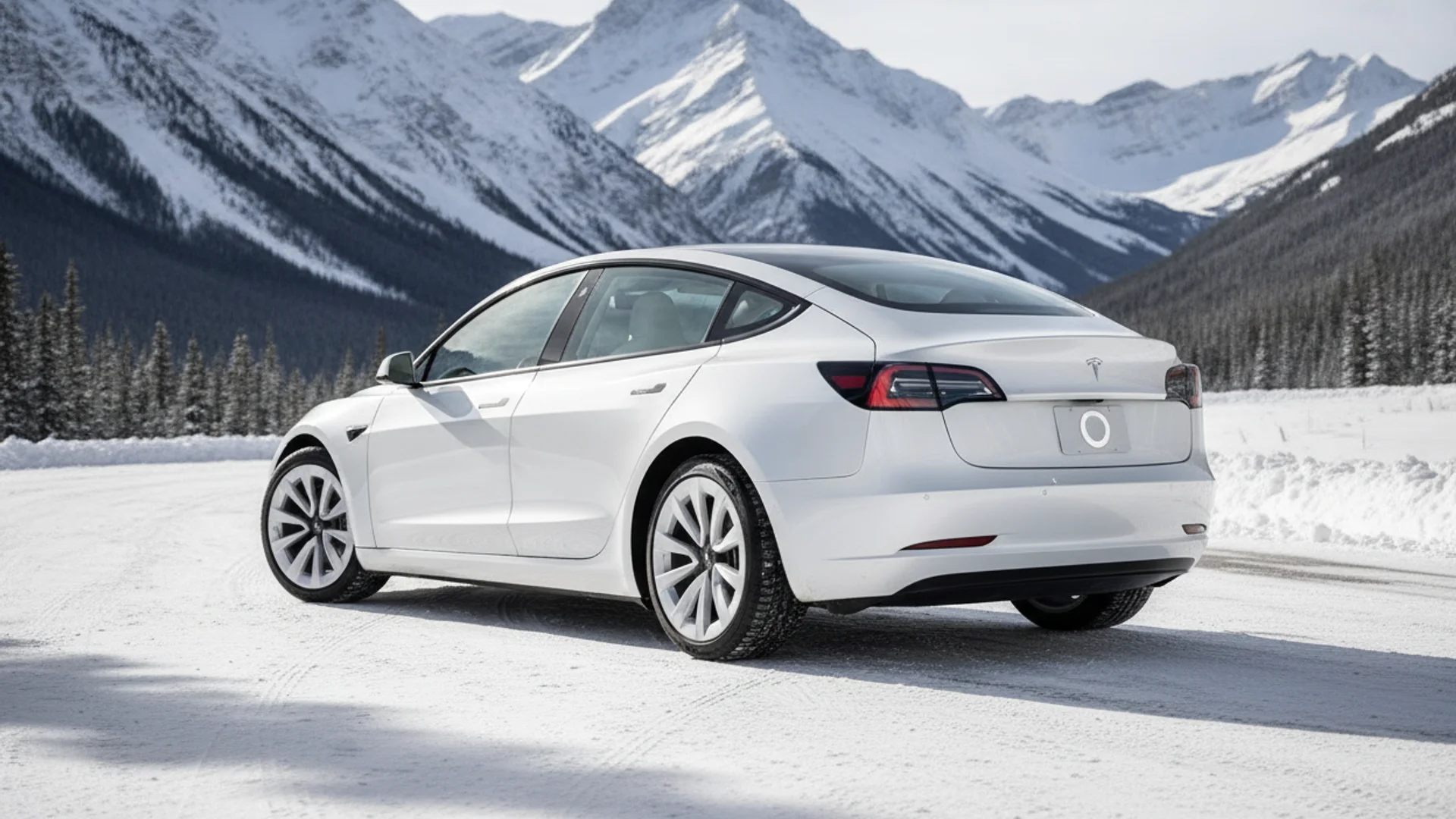 A white Tesla Model 3 is parked on a snowy road with snow-capped mountains and pine trees in the background.
