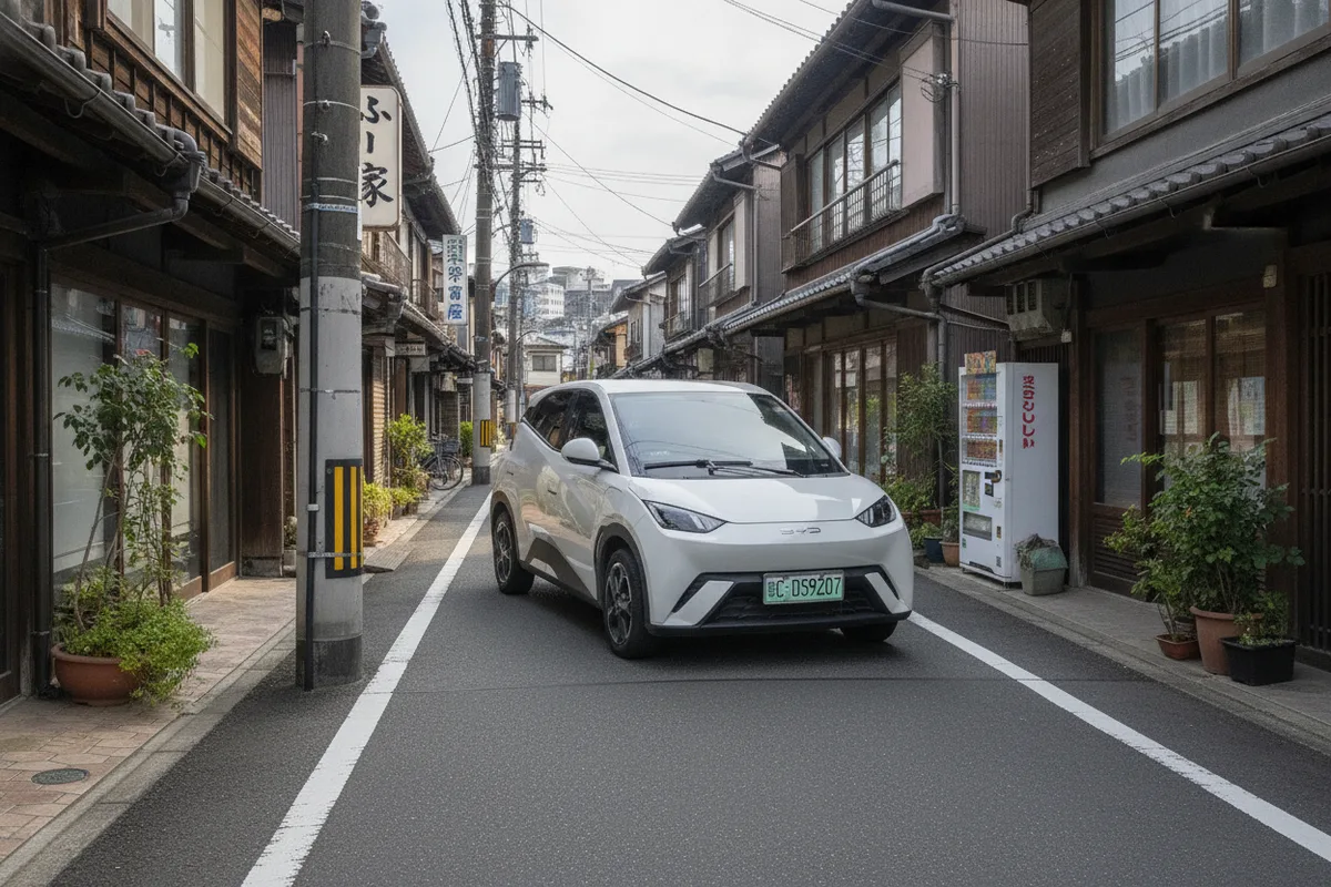A small electric city car on a Japanese street