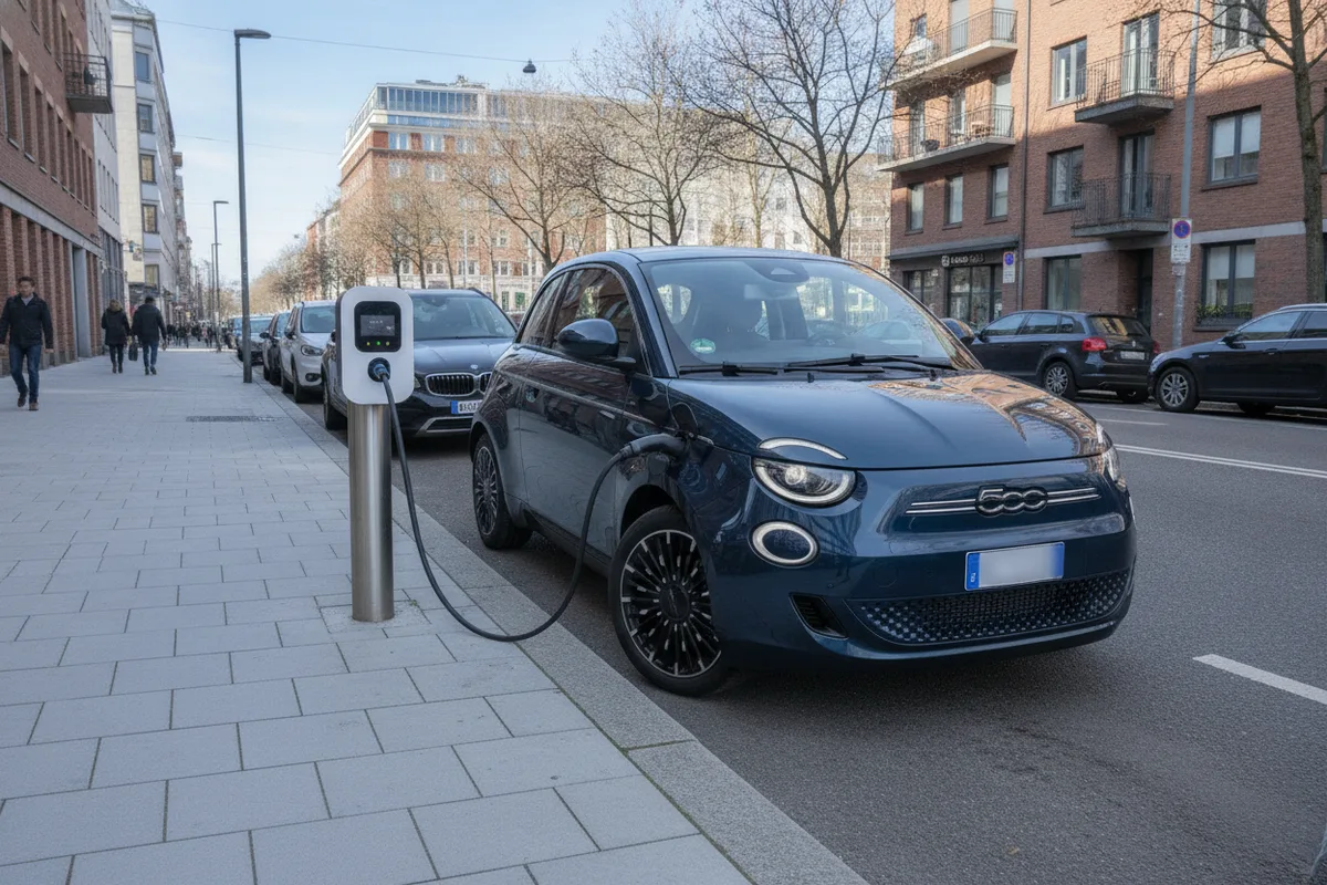 A small electric city car charging at a kerbside urban charger
