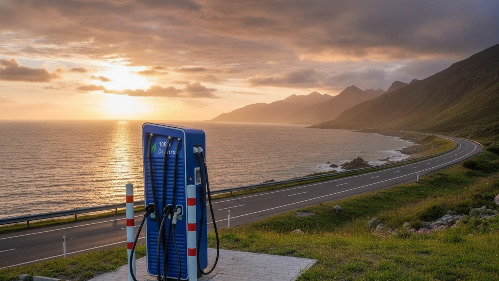 A blue electric vehicle charging station stands by a coastal road at sunset, with mountains in the background.