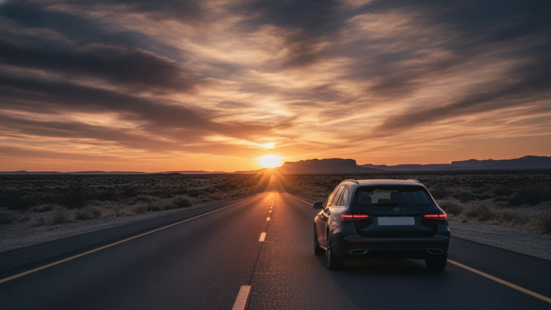 an electric car on a coastal highway at golden hour