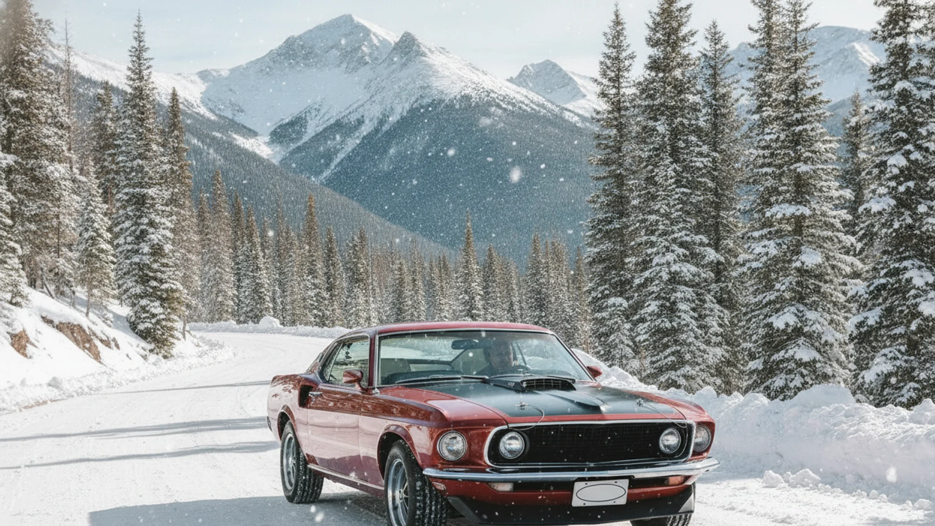 A red classic car with a black hood drives on a snowy road, surrounded by snow-covered pine trees and mountains.