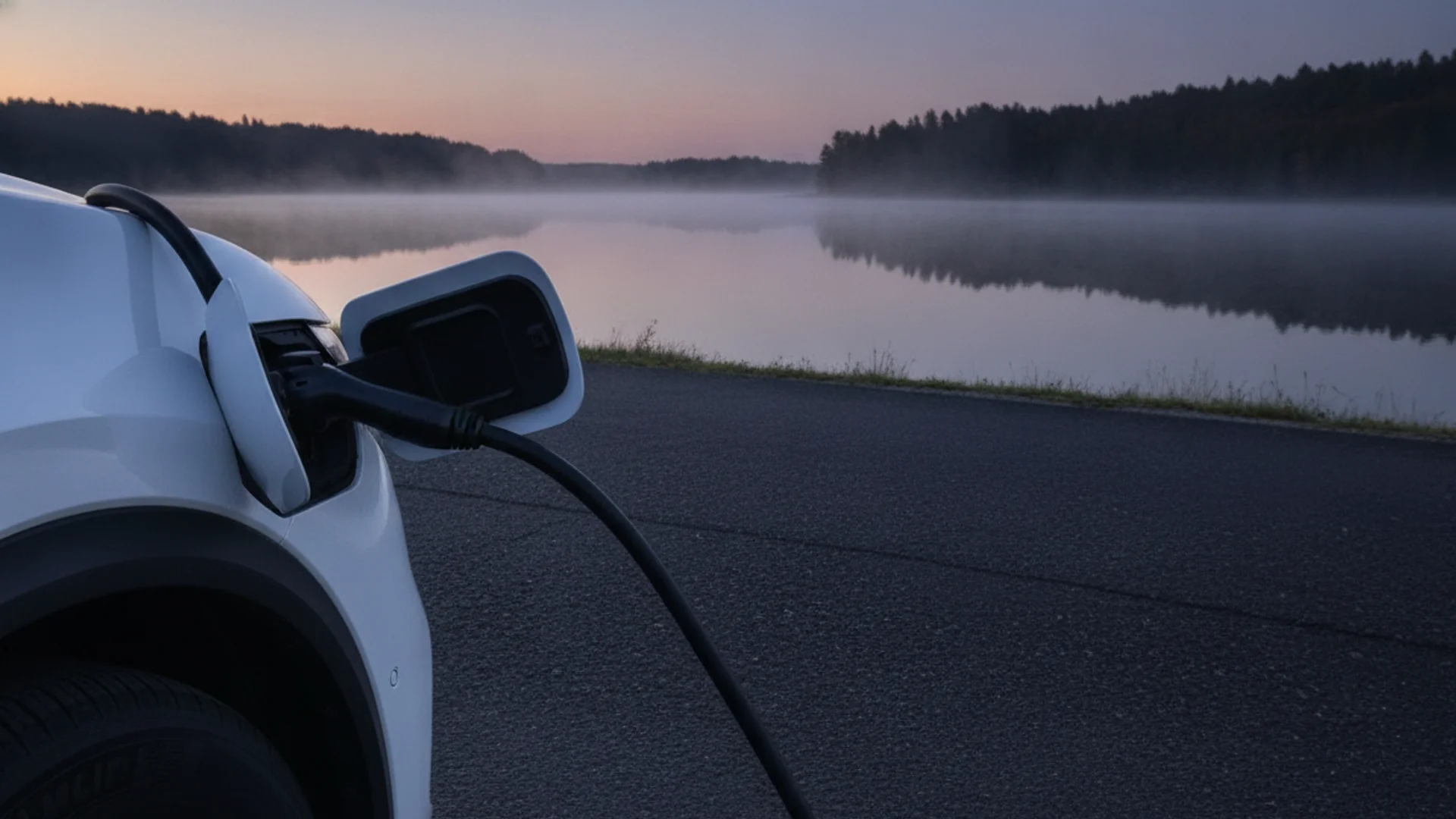 A white electric car is charging on the left, with a misty lake and dark forest in the background at dusk.