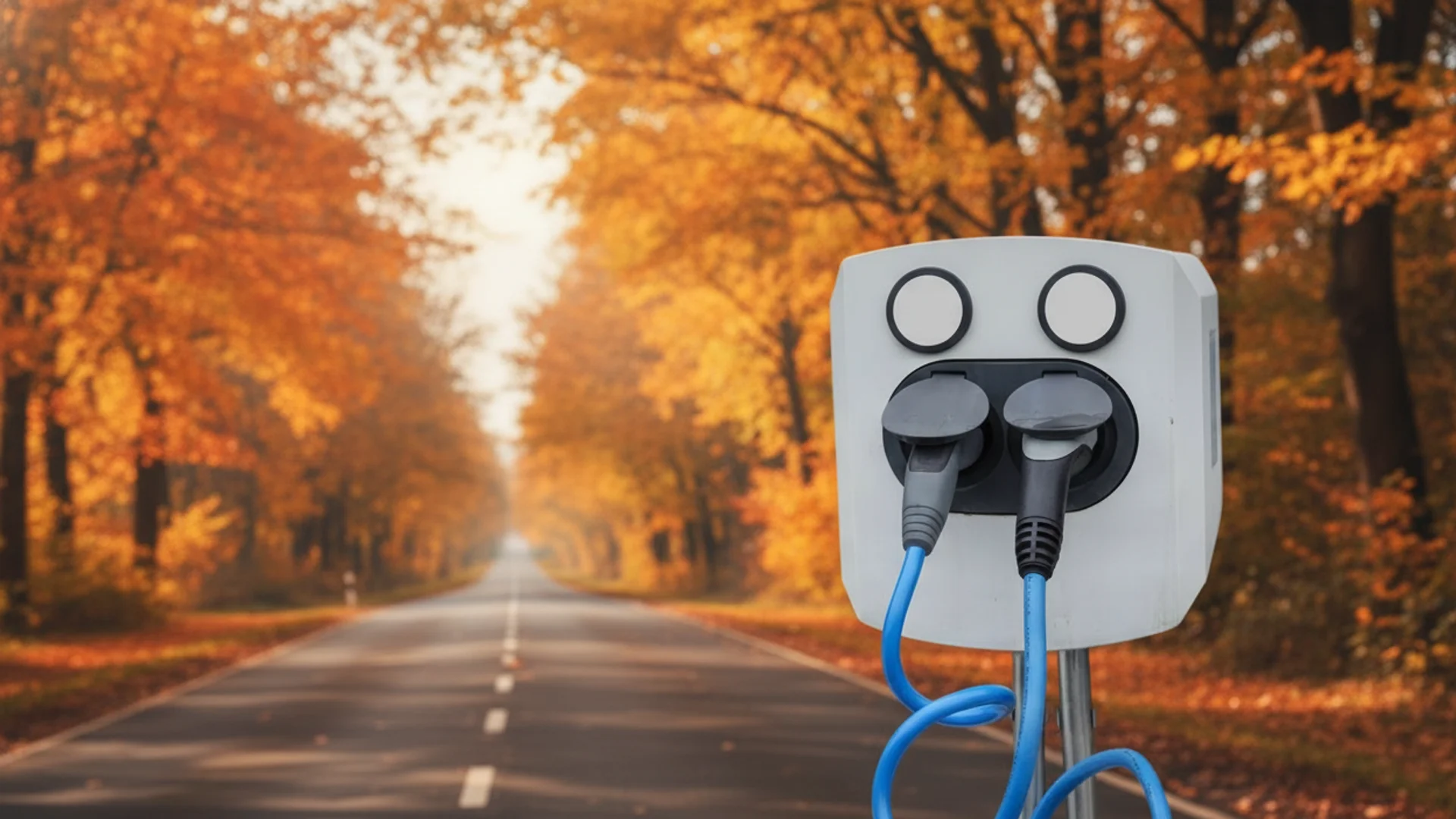 A white electric vehicle charging station with two blue cables plugged in, set against an autumn road.