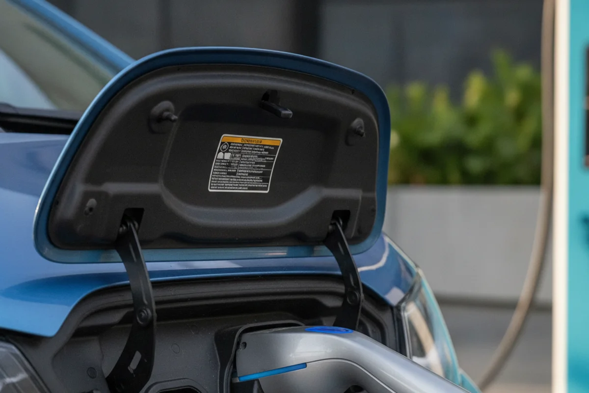 A blue electric car is charging, with its front charging port open and a grey and blue charging cable plugged in.
