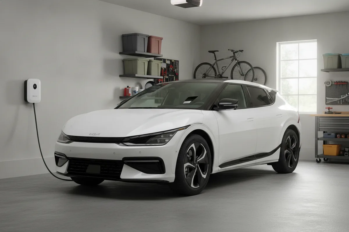 A Kia EV6 plugged into a Level 2 home charger in a garage