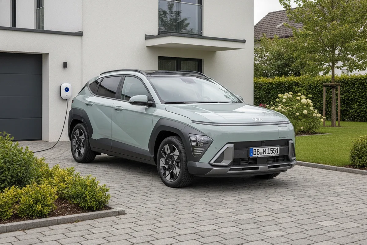A Hyundai Kona Electric charging in a residential driveway