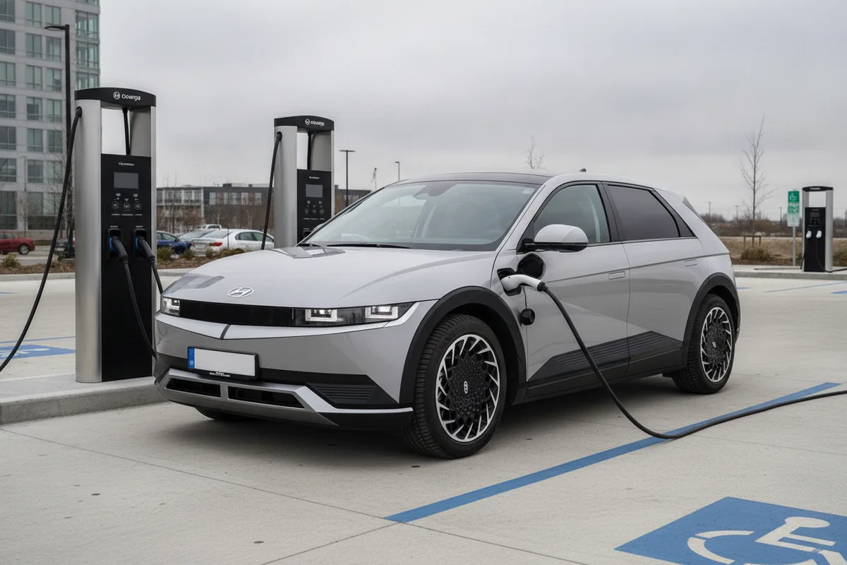 A Hyundai Ioniq 5 plugged into a public DC fast charger at a Canadian charging station.