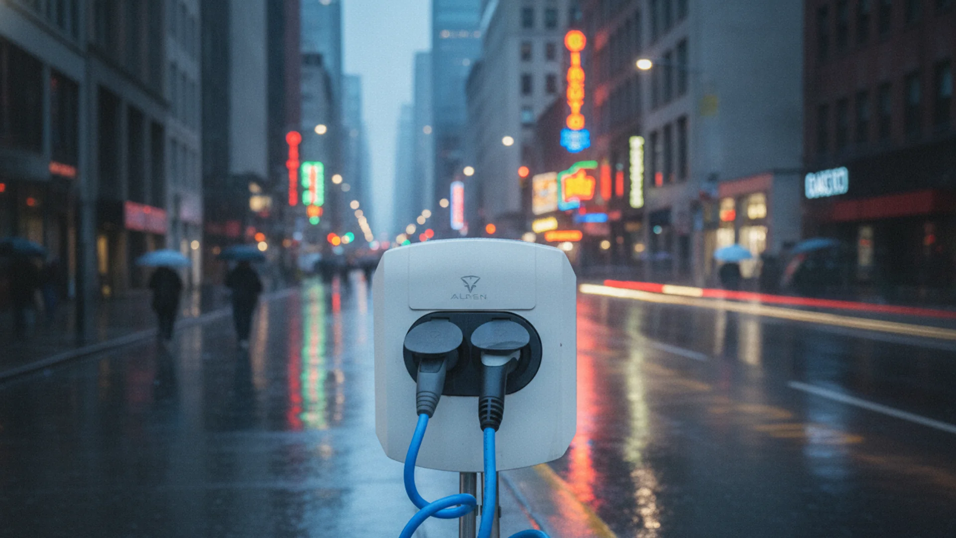 A white electric vehicle charging station with two blue cables stands on a wet city street at dusk.