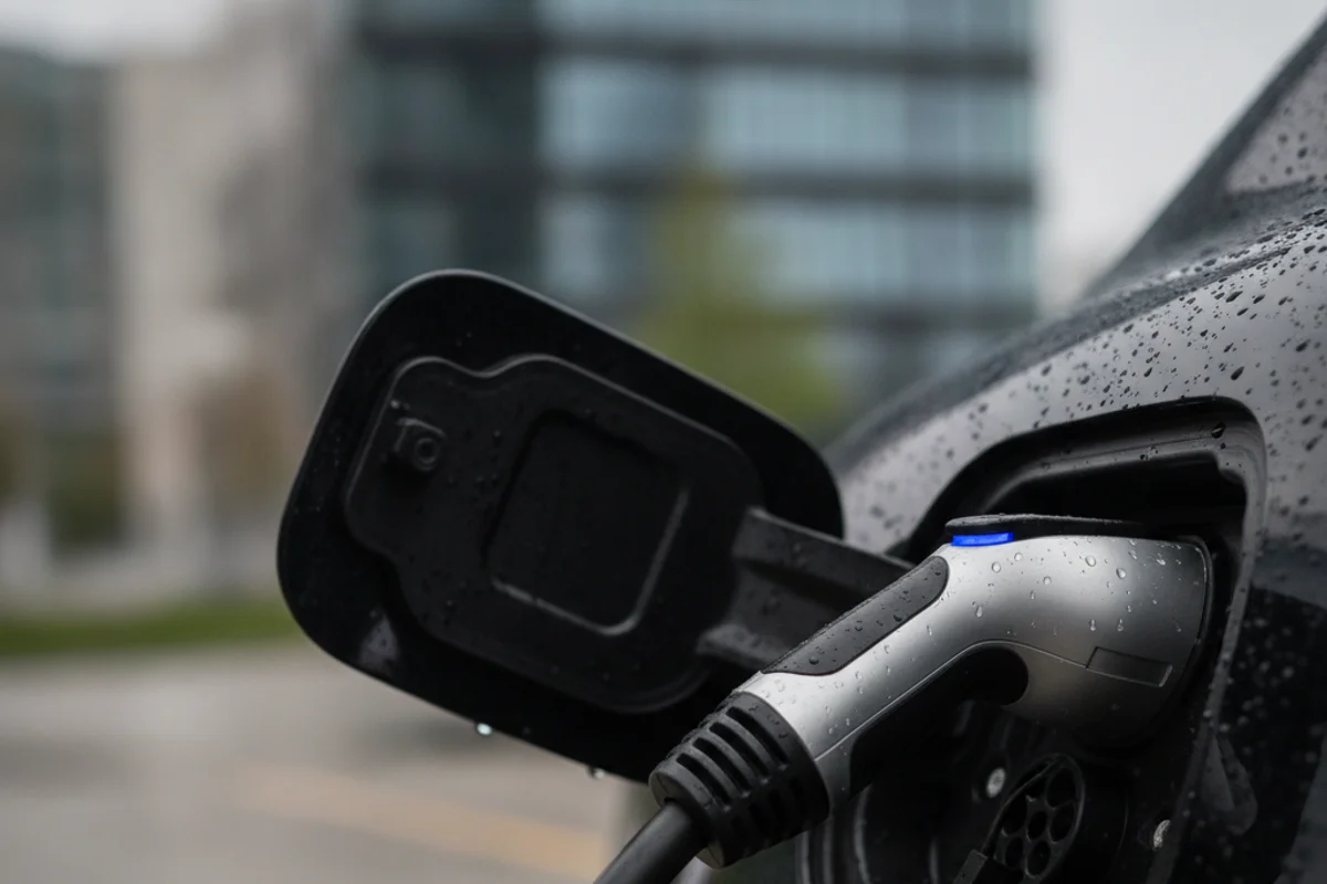 EV charging port plugged in close-up detail