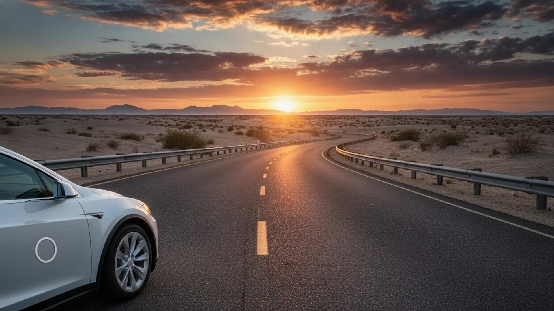 A white car is parked on the left side of a desert road at sunset, with a bright orange sun on the horizon.