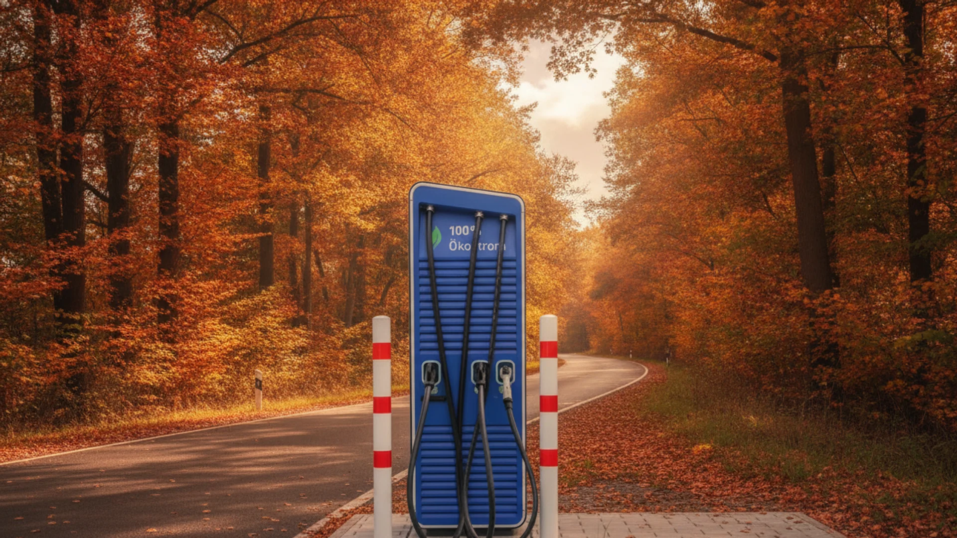 A blue electric vehicle charging station stands on a paved area next to a winding road lined with autumn trees.
