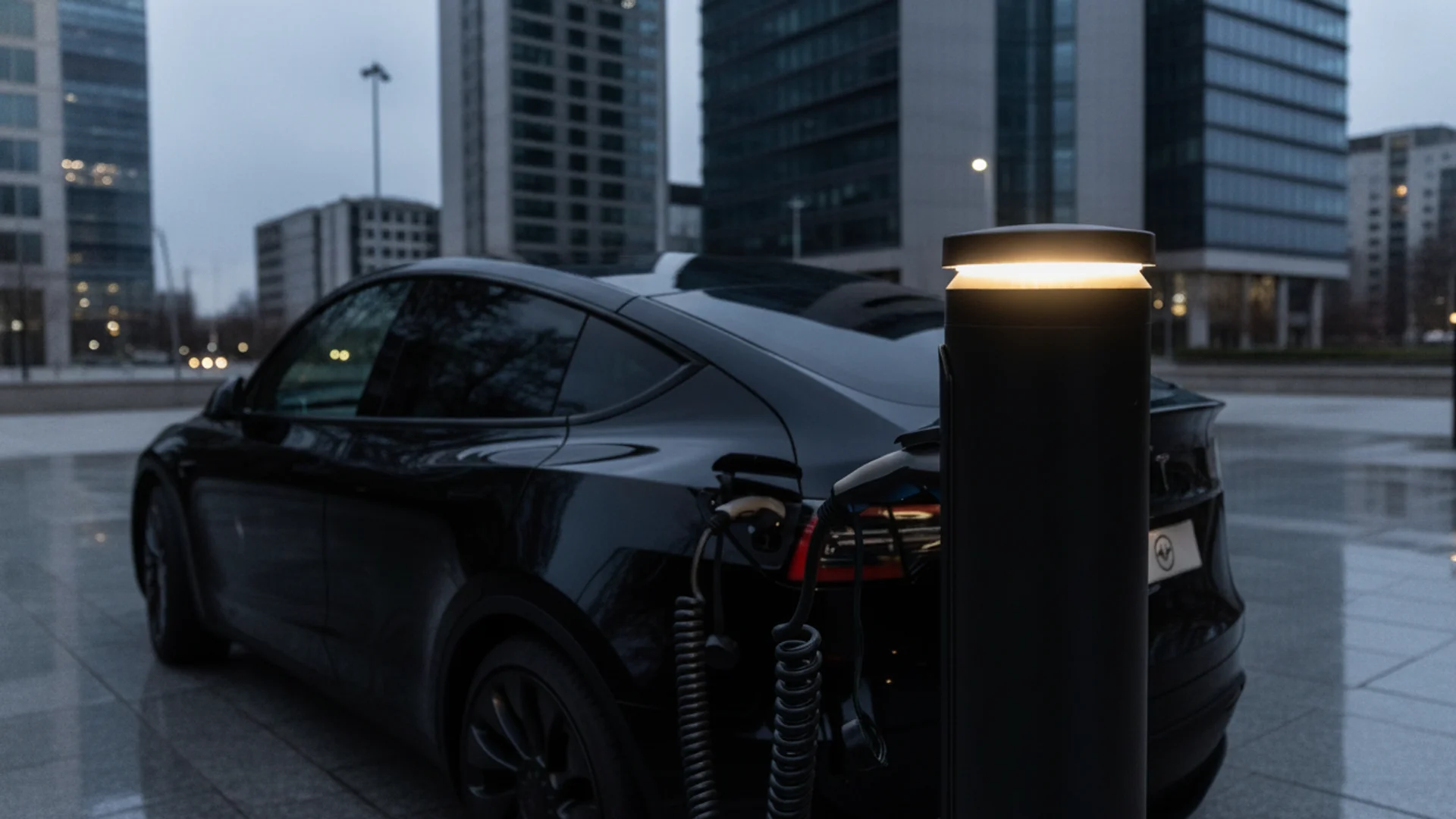 A black car is charging at a black charging station with a glowing light, in front of tall buildings.