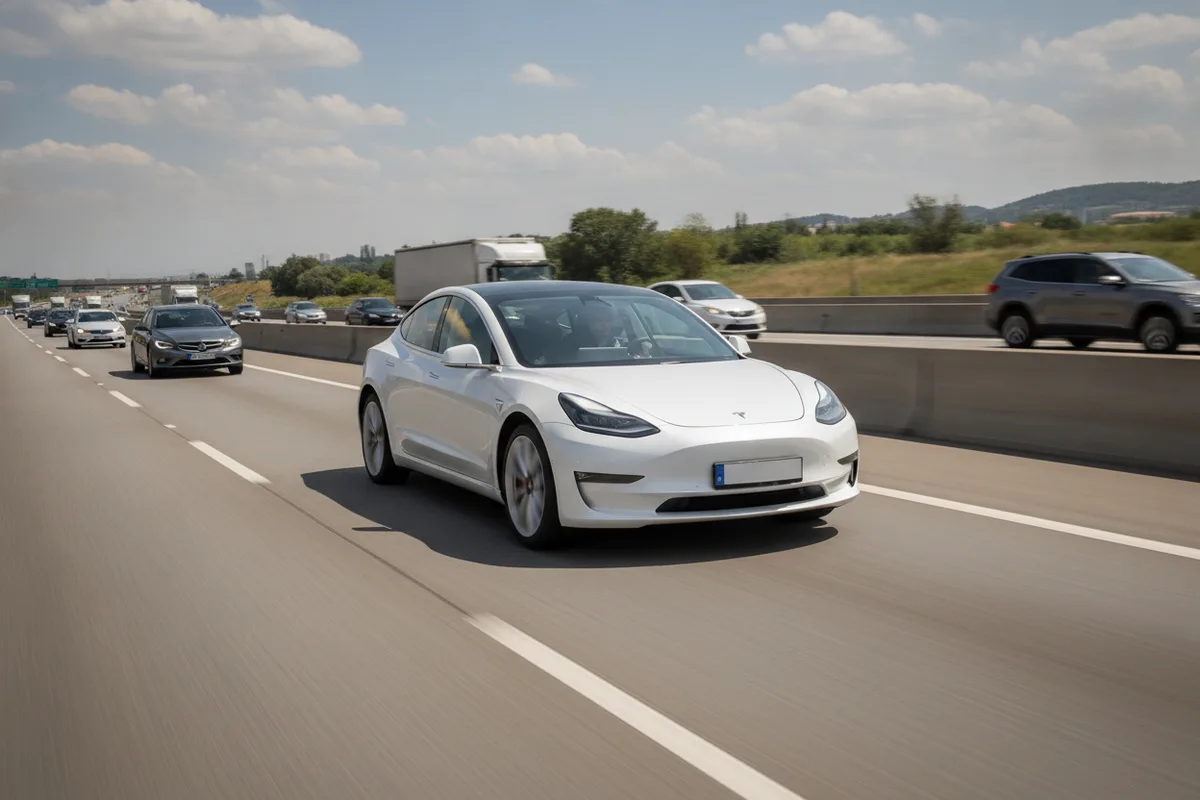 A Tesla Model 3 driving on a highway