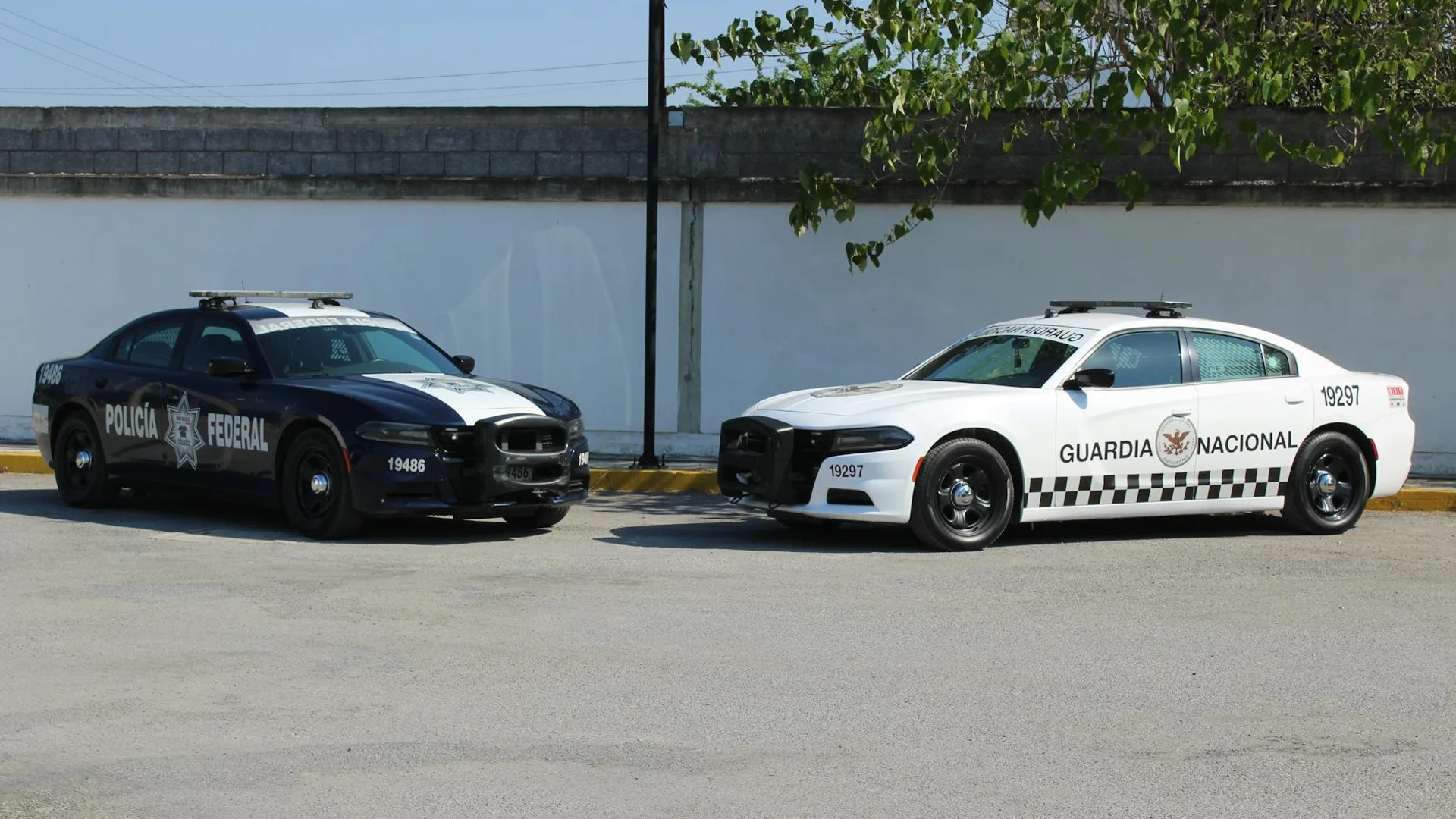 Two service vehicles, Policía Federal and Guardia Nacional, parked in an empty lot.