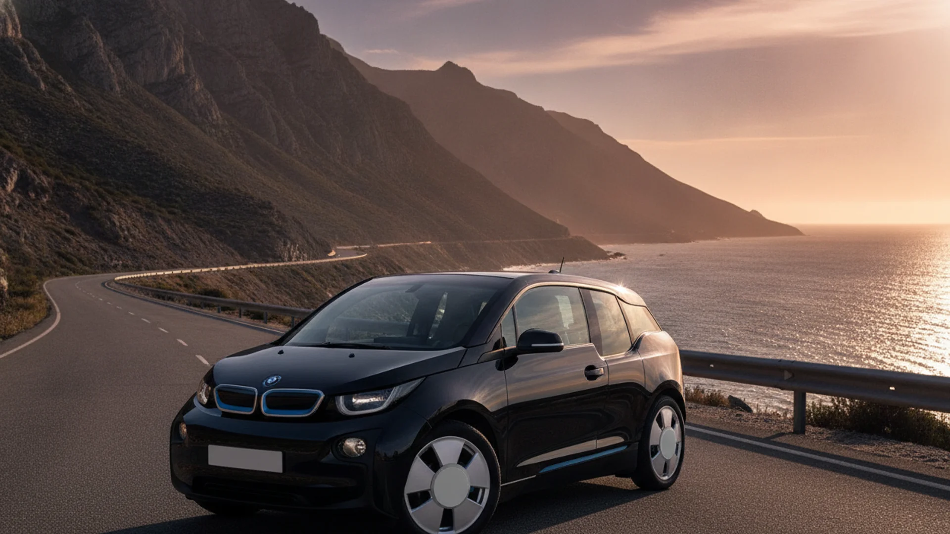 A black BMW i3 electric car is parked on a winding coastal road at sunset.
