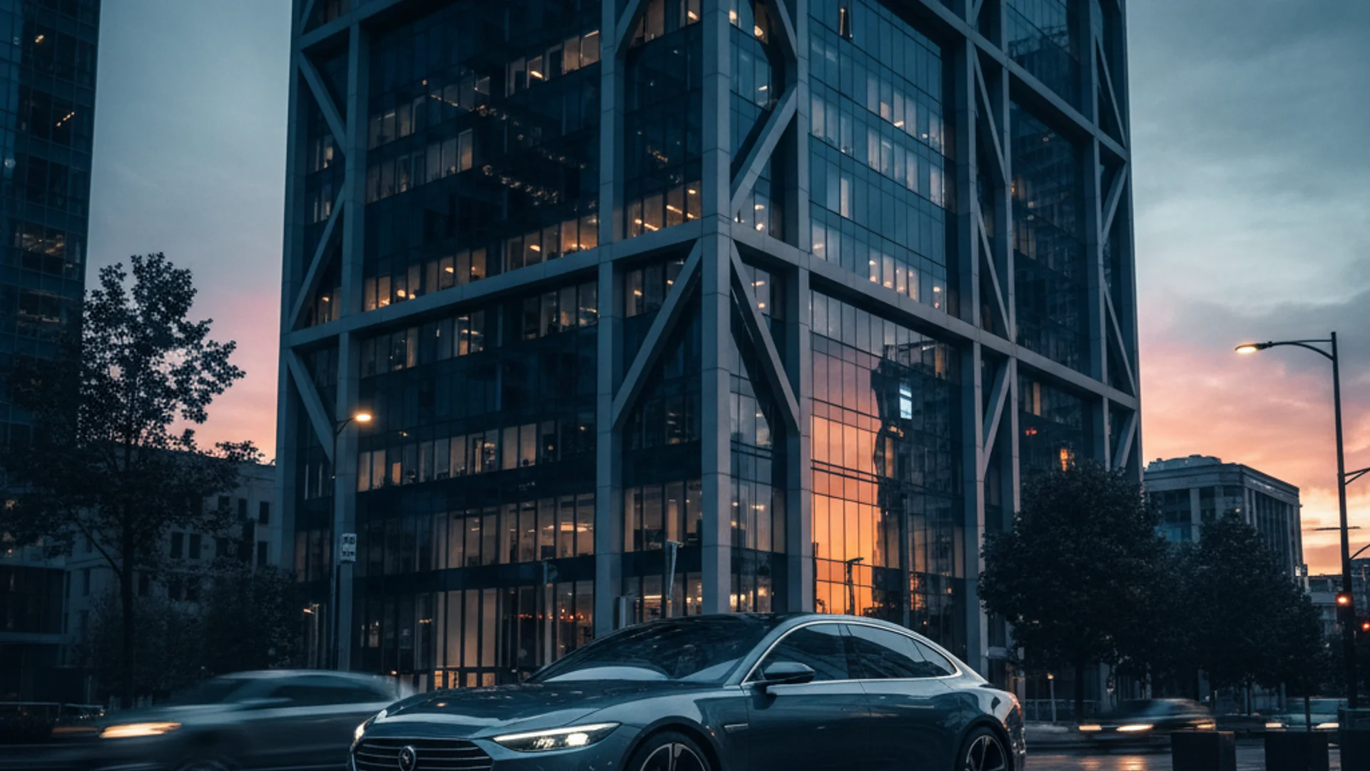 Premium electric sedan outside a financial-district skyscraper at dusk