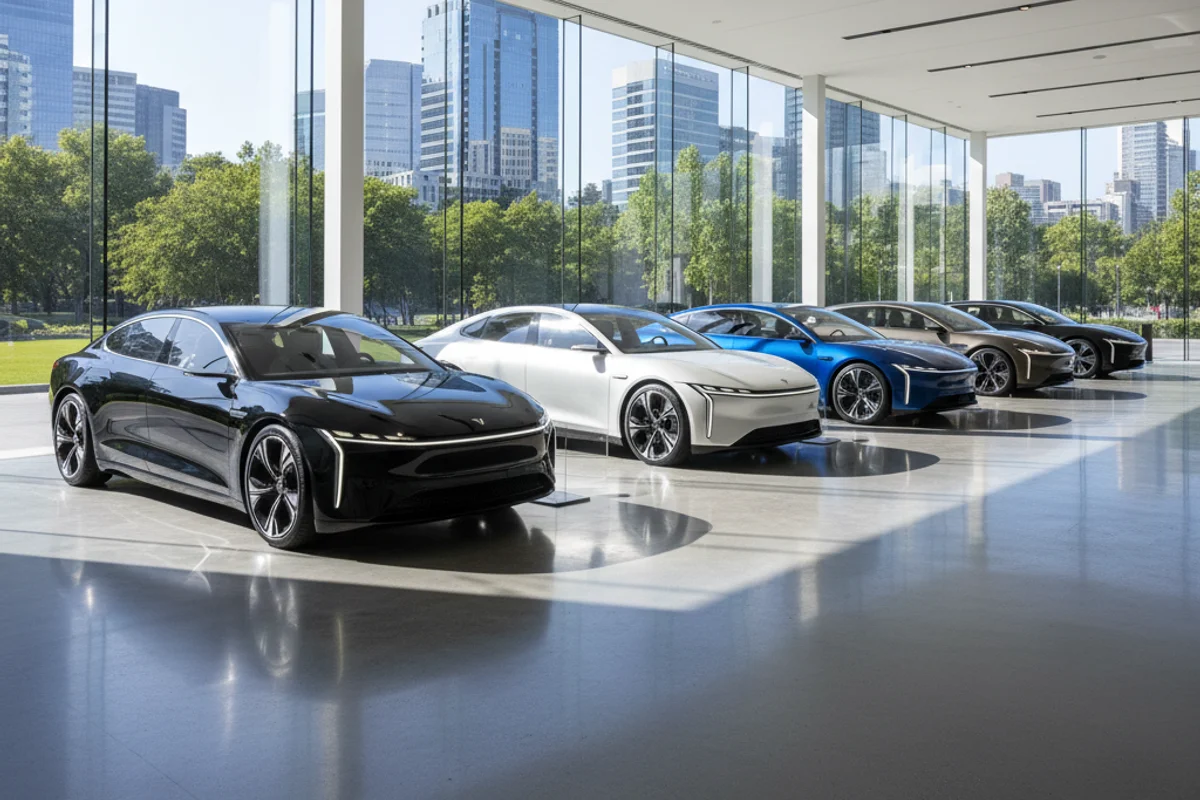 A row of modern electric sedans on a showroom floor