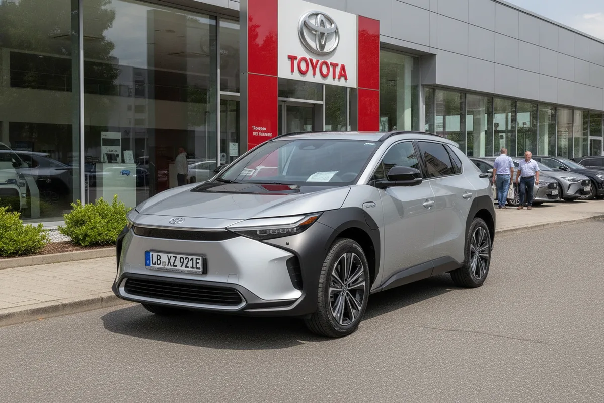 A Toyota bZ electric SUV at a dealership