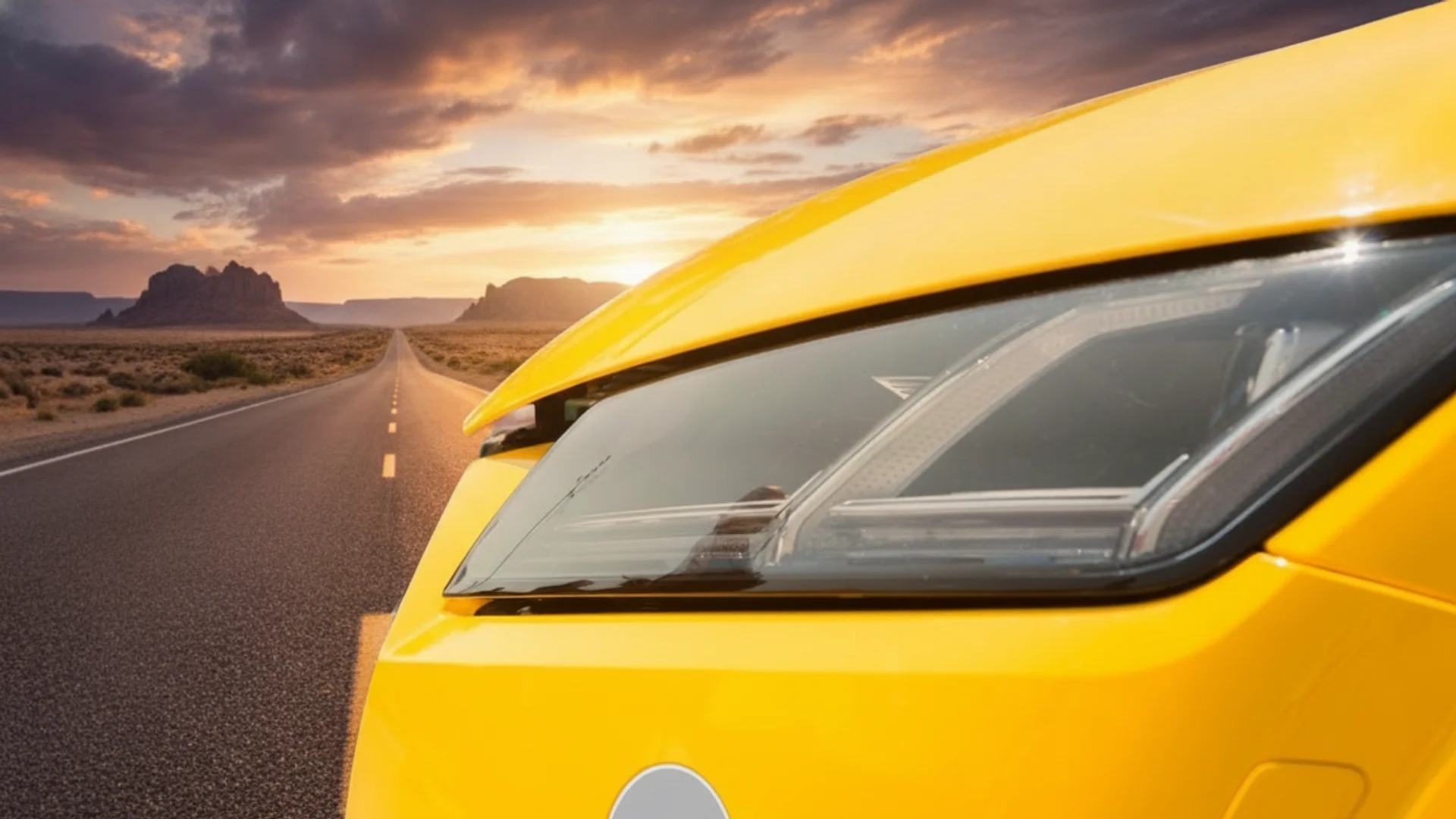 A bright yellow car's front right headlight is visible with a desert road and sunset in the background.