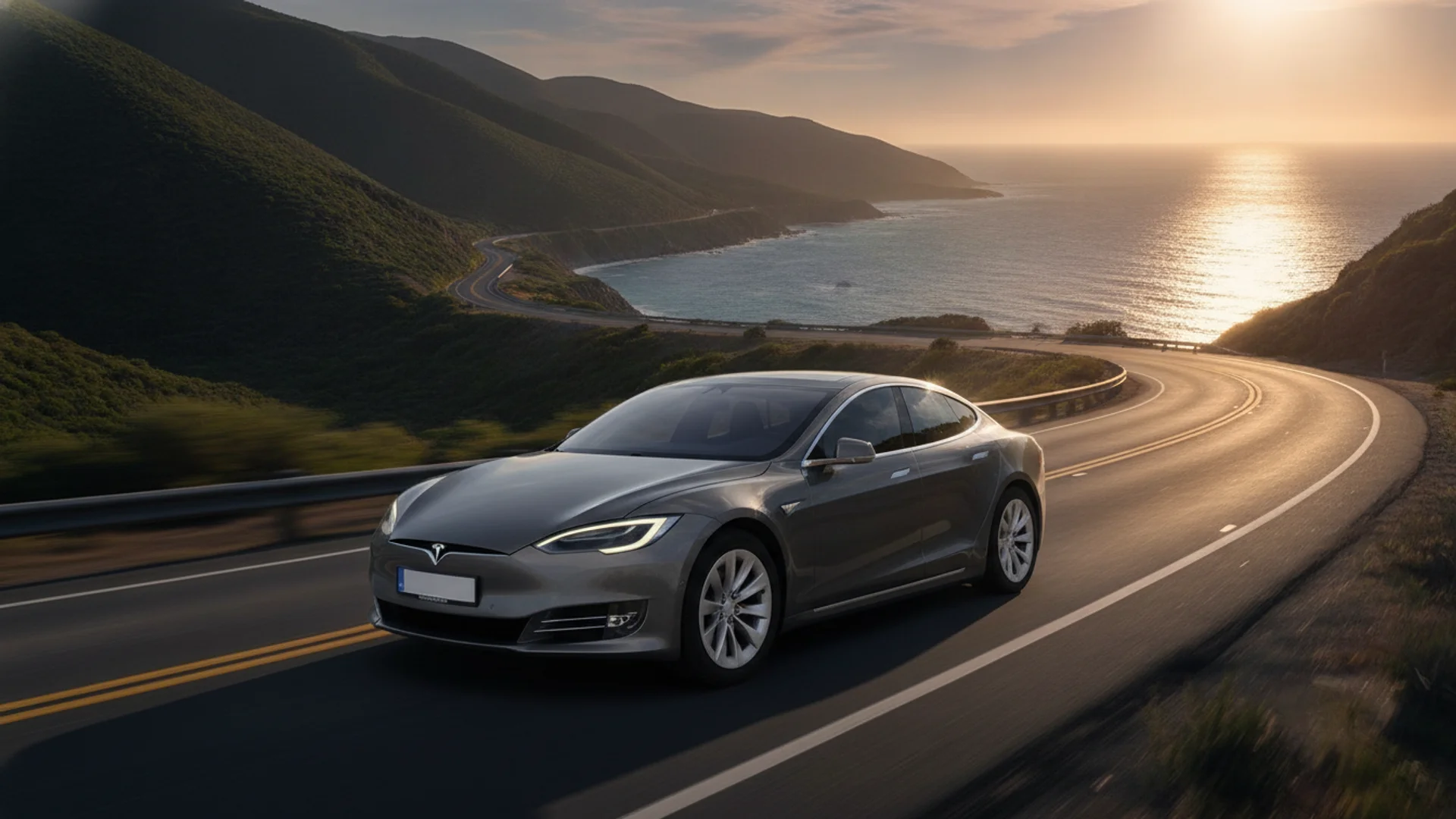 A gray Tesla Model S drives on a winding coastal road at sunset, with mountains and ocean in the background.