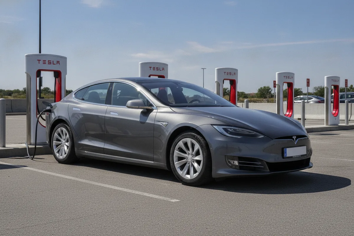 A Tesla Model S charging at a Supercharger