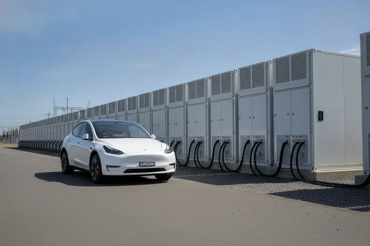 A Tesla Model Y beside grid-scale battery storage