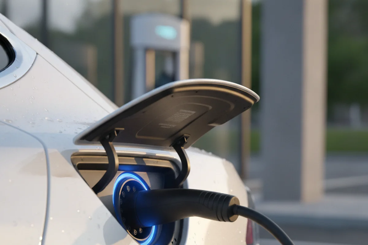 A white electric car is charging, with a black cable plugged into a port glowing blue on the rear.