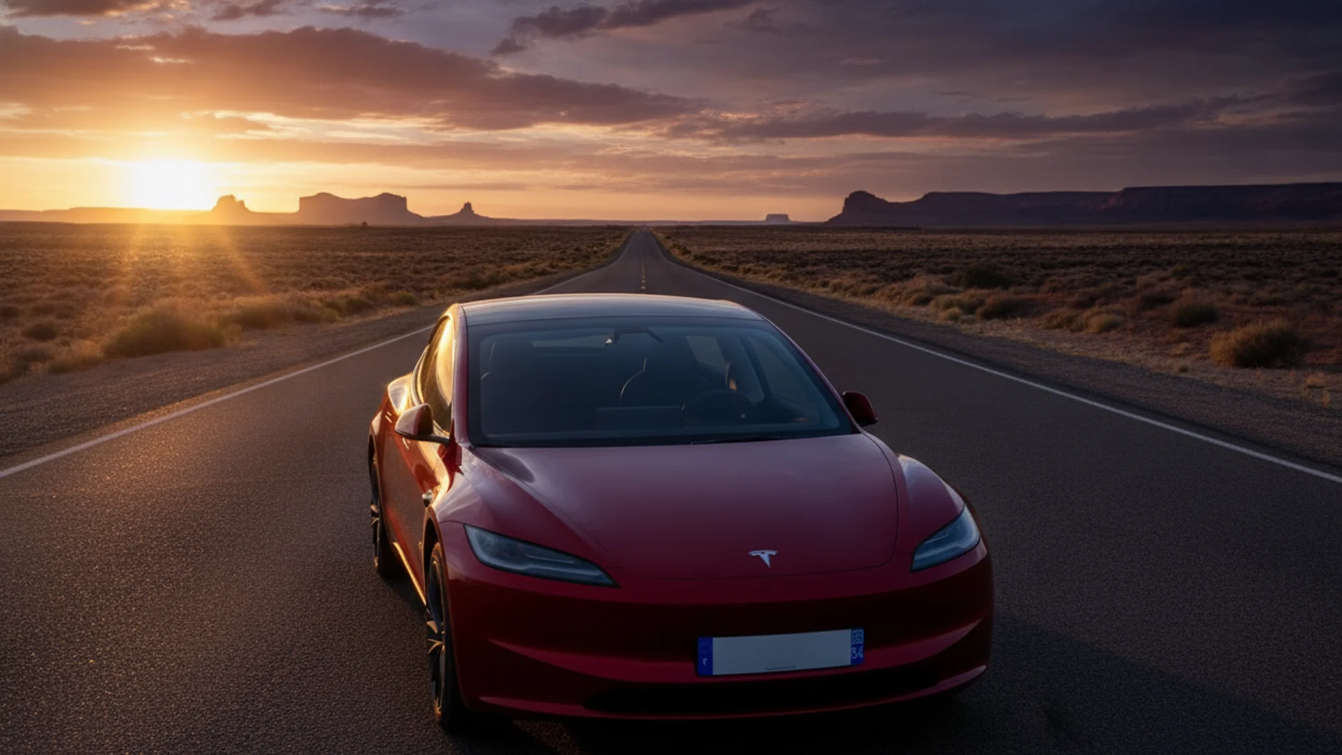 A red Tesla car is parked on a desert road at sunset, with mountains in the distance.