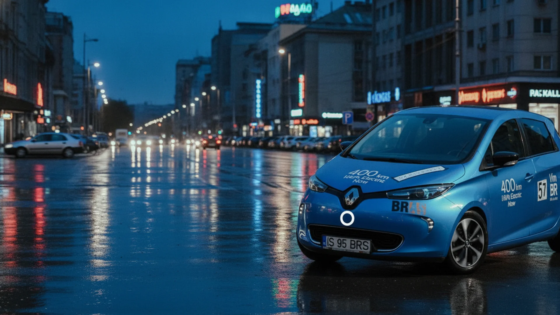 A blue electric car is parked on a wet city street at dusk, reflecting streetlights.