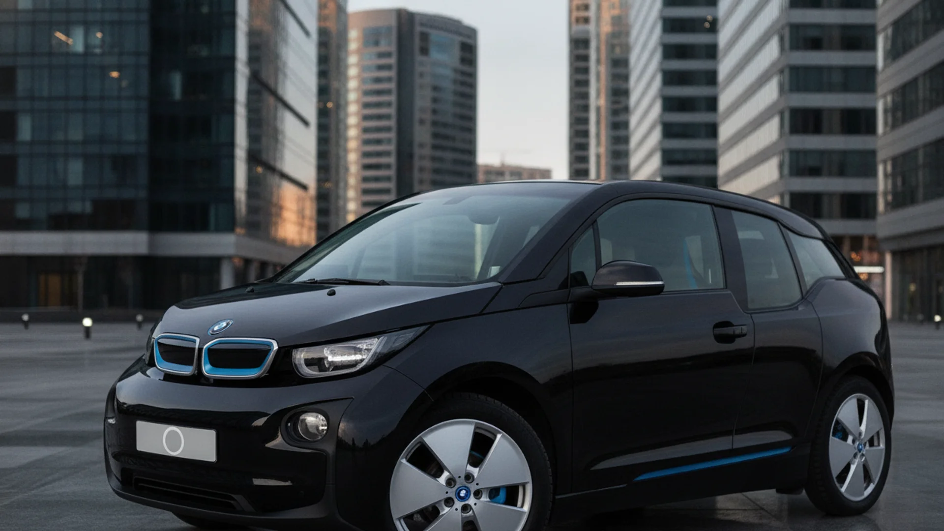 A black BMW i3 electric car with blue accents on the grille and side panels is parked in front of tall buildings.