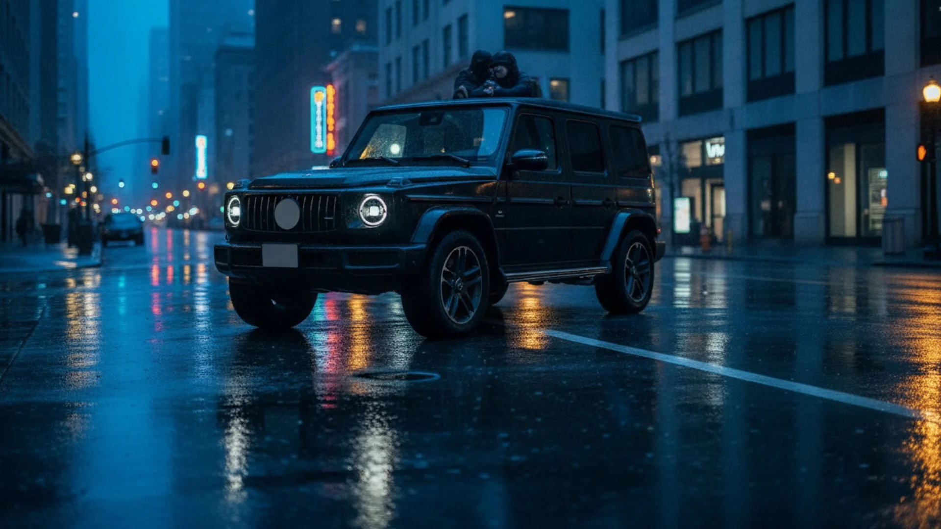 A black SUV with two people on its roof sits on a wet city street at night, reflecting colorful lights.