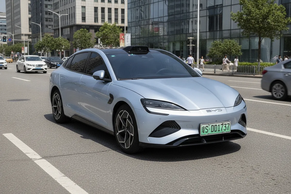 A BYD electric sedan with driver-assist sensors on a city street